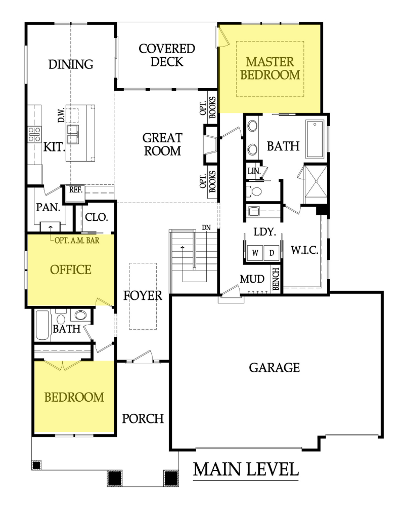 Chesapeake Ranch Plus main level floor plan by Hilmann Home Building, showing the primary suite, a second bedroom, an office, kitchen, great room and dining all on one level.