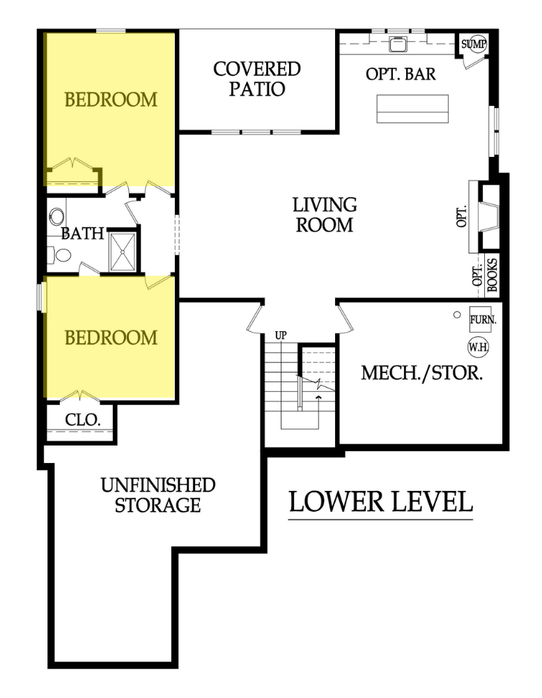 Optional finished lower level of the Chesapeake Ranch Plus by Hilmann Home Building, with two additional bedrooms, a bath, a living room, an optional bar, and a covered patio.