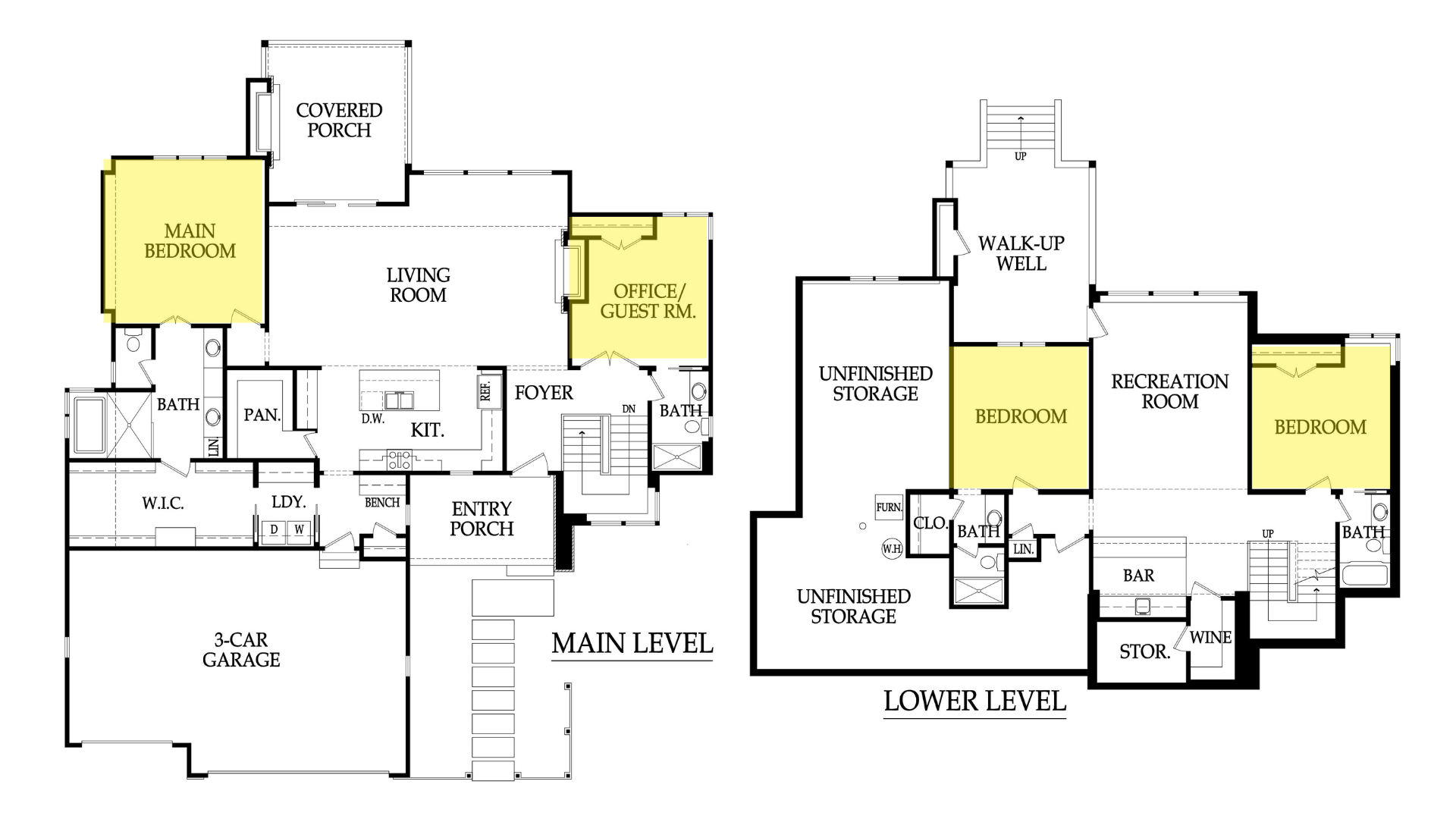 Jacobsen Reverse 1.5-story floor plan by Doyle Construction: main level with the main bedroom and an office or guest room; lower level with two more bedrooms, a recreation room, a bar, and a walk-up well.